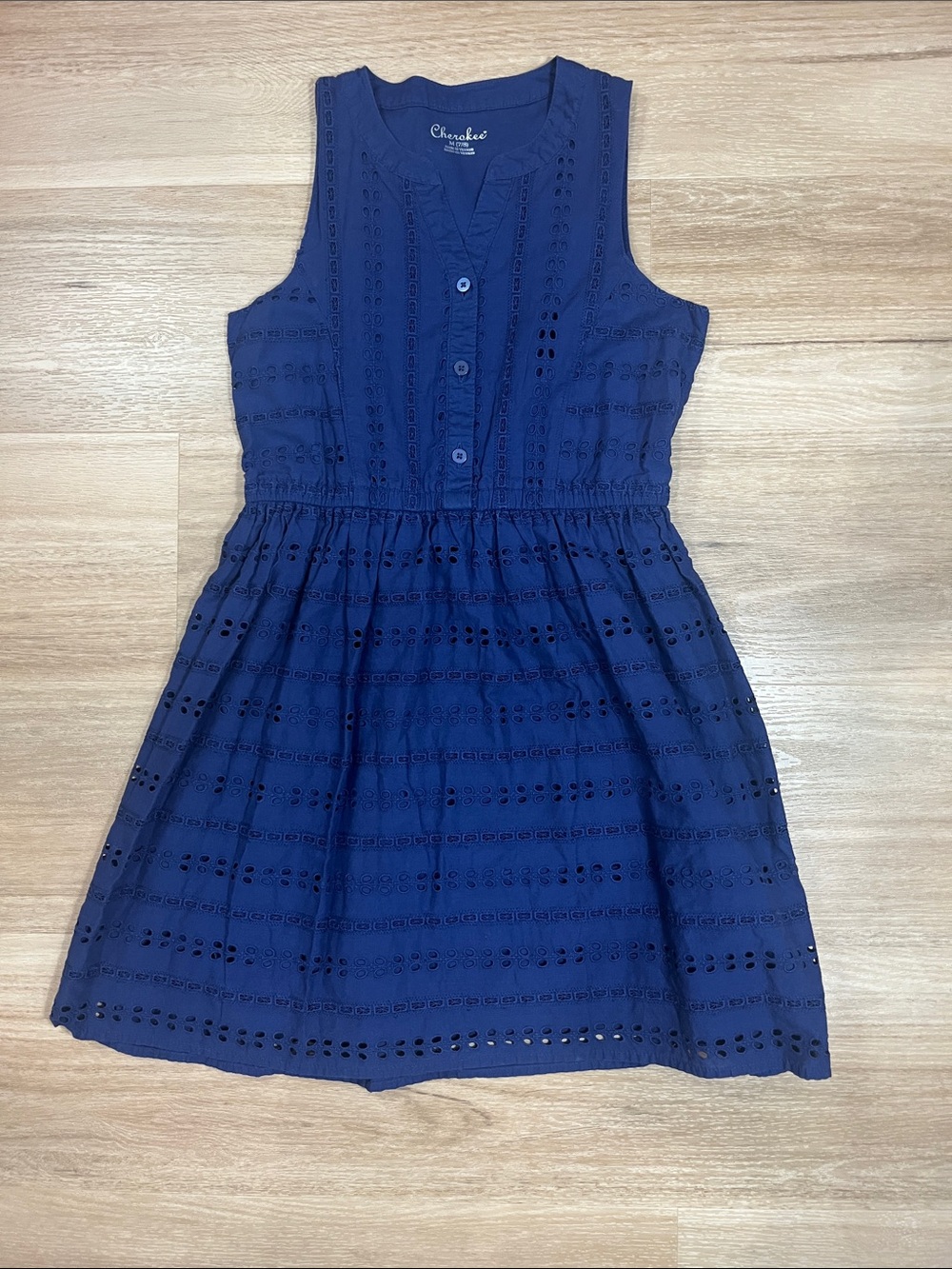 Cherokee Navy Blue Eyelet Sleeveless Dress Button Front Elastic Waist, M 7/8